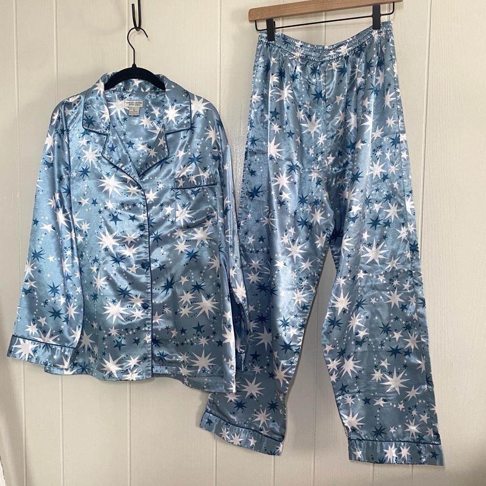 Linda Hartman Intimates Silk Blend Pajama Set Blue Stars Size Large